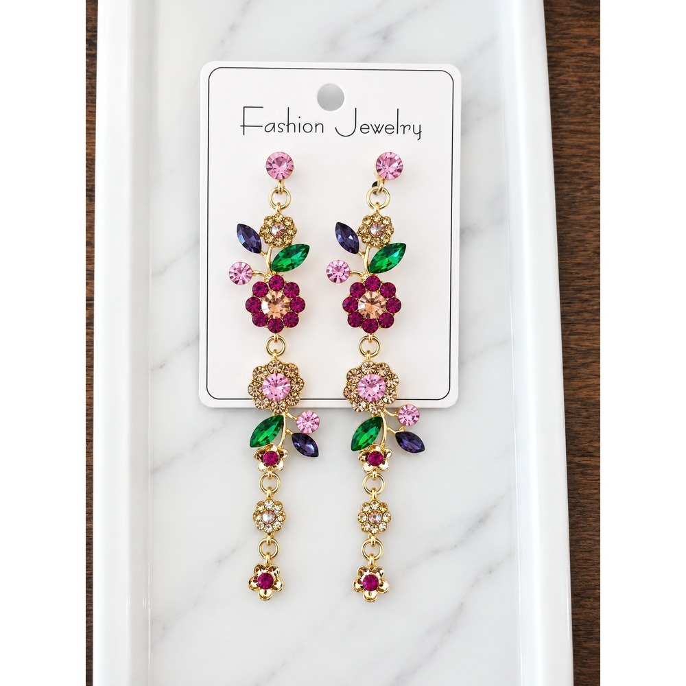 Floral Drop Earrings Multi Color Rhinestone Gold Tone Long Flower Dangle Jewelry